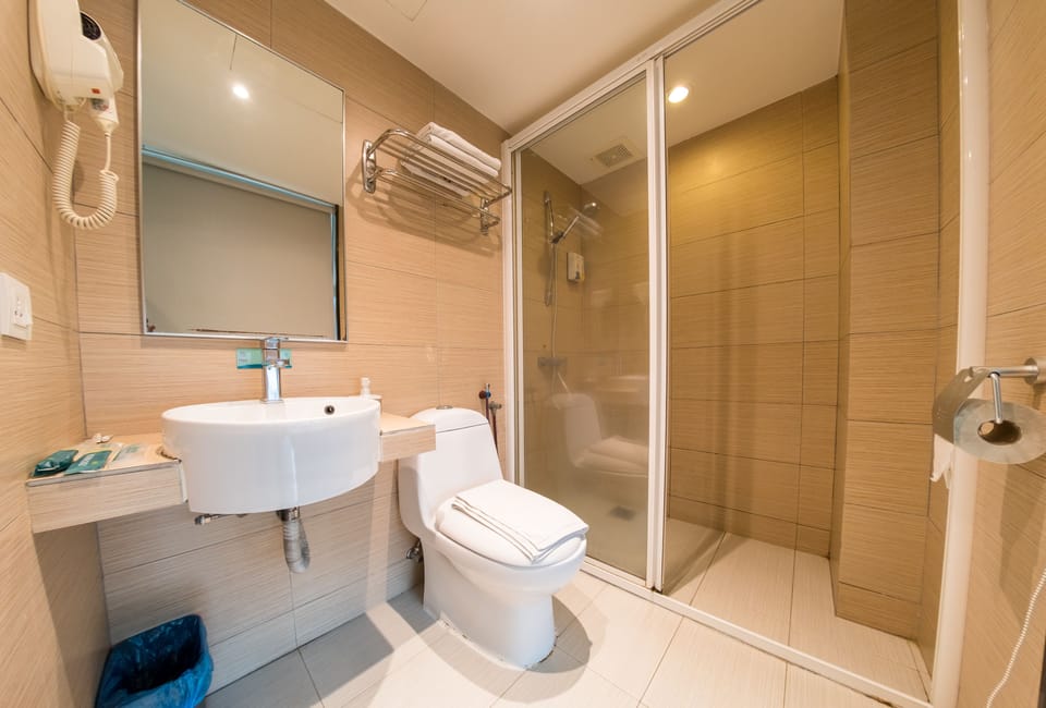 Shower, free toiletries, hair dryer, towels