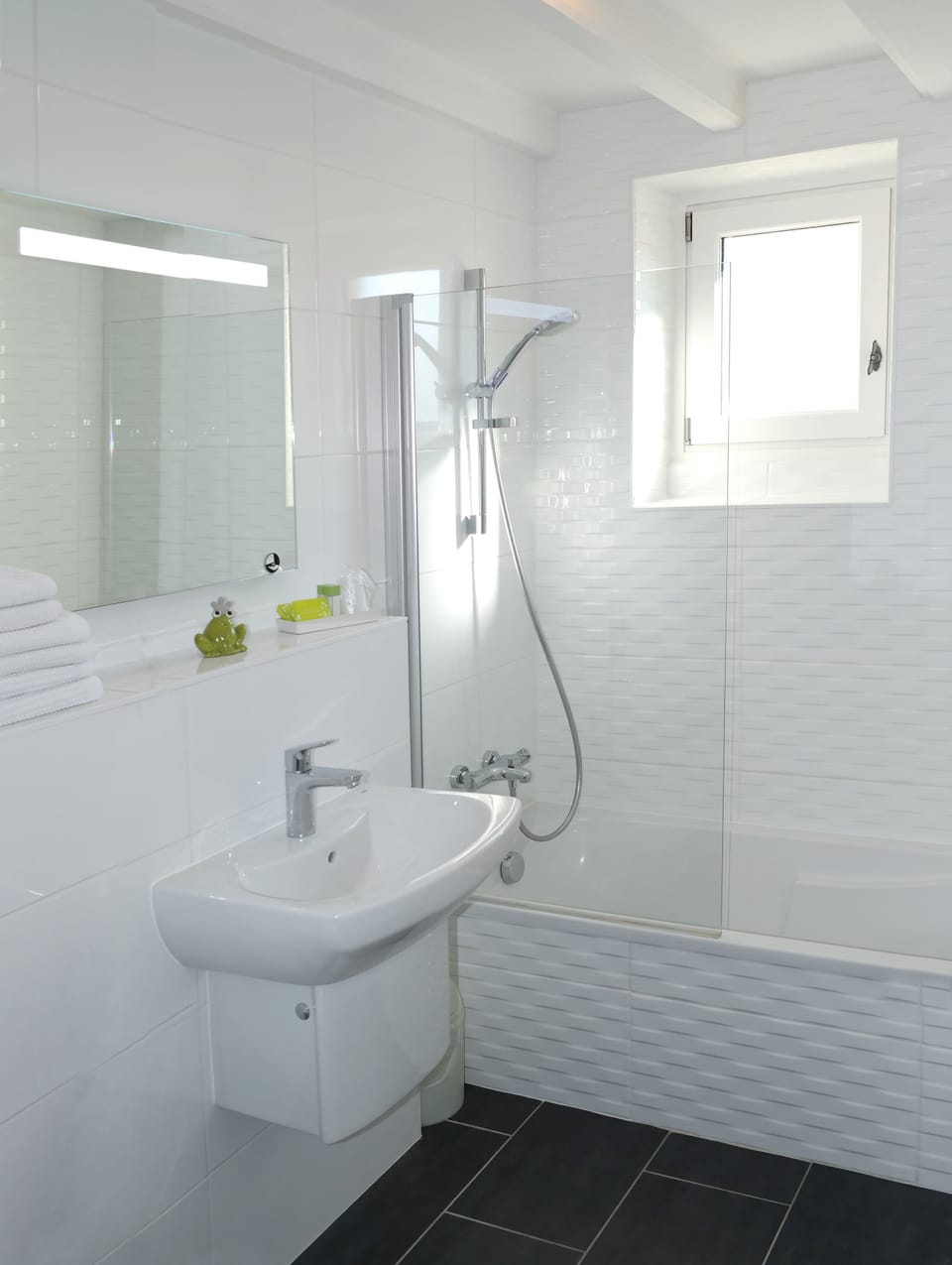 Eco-friendly toiletries, hair dryer, towels, soap