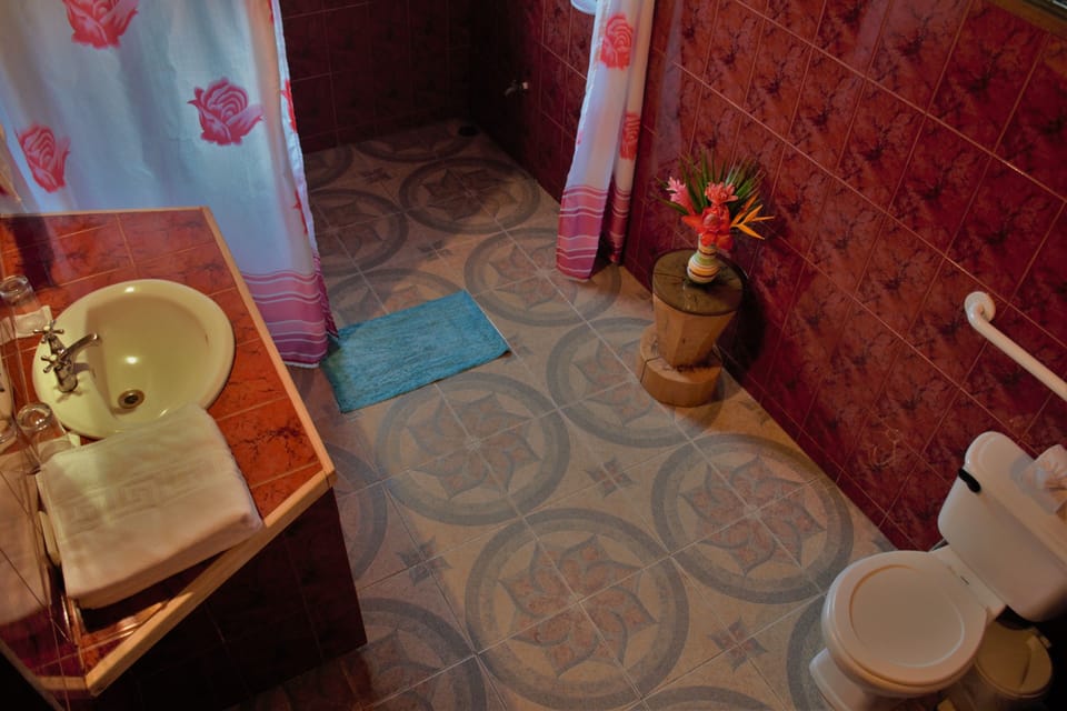 Shower, rainfall showerhead, free toiletries, towels