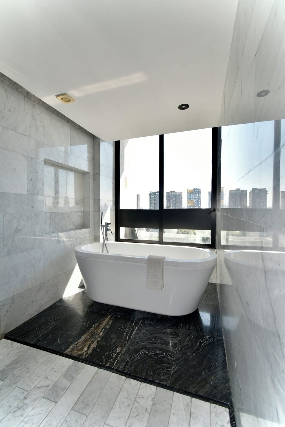 Presidential Suite | Bathroom | Shower, rainfall showerhead, hair dryer, towels