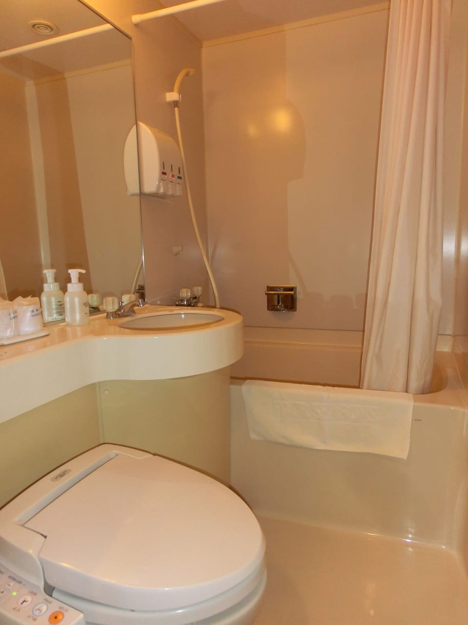 Combined shower/tub, free toiletries, hair dryer, slippers