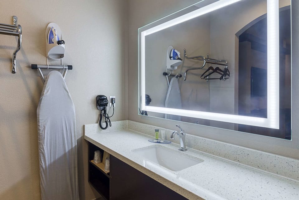 Combined shower/tub, free toiletries, hair dryer, towels