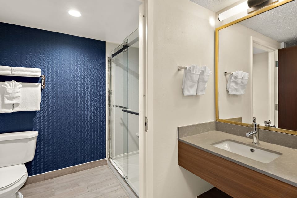 Combined shower/tub, free toiletries, hair dryer, towels