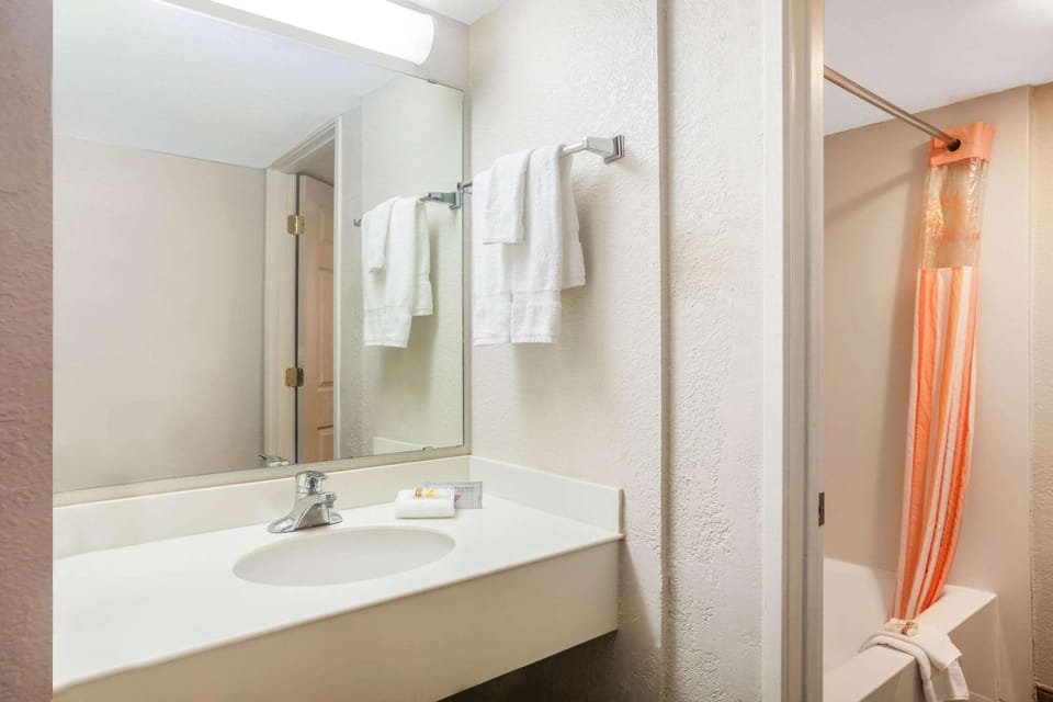 Combined shower/tub, free toiletries, hair dryer, towels
