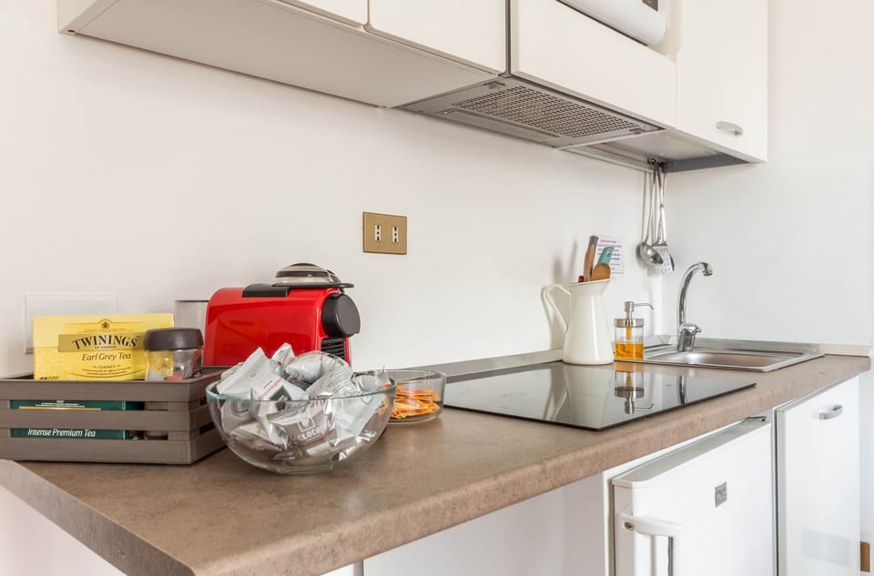 Fridge, microwave, stovetop, espresso maker