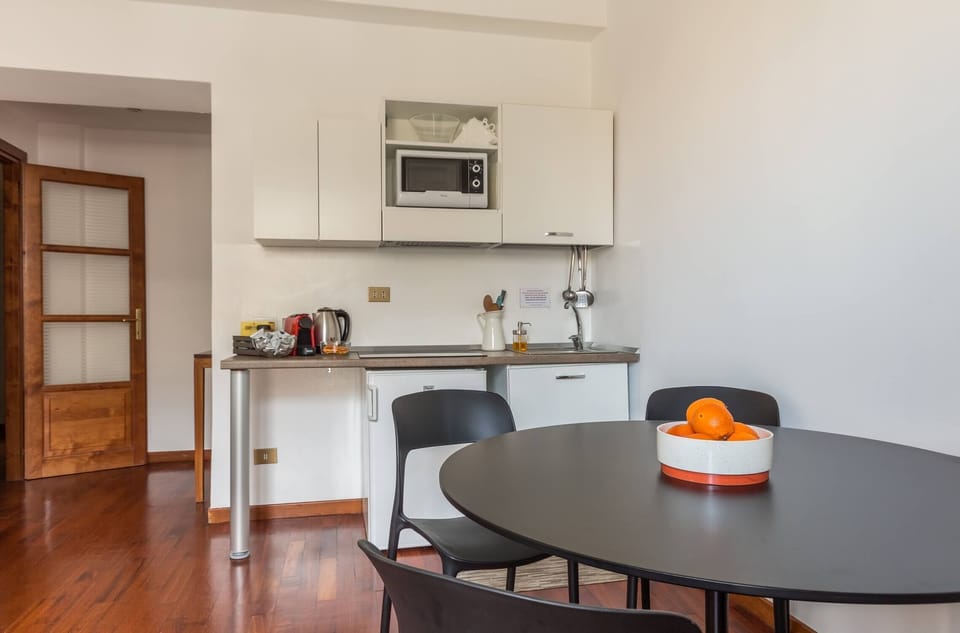 Fridge, microwave, stovetop, espresso maker
