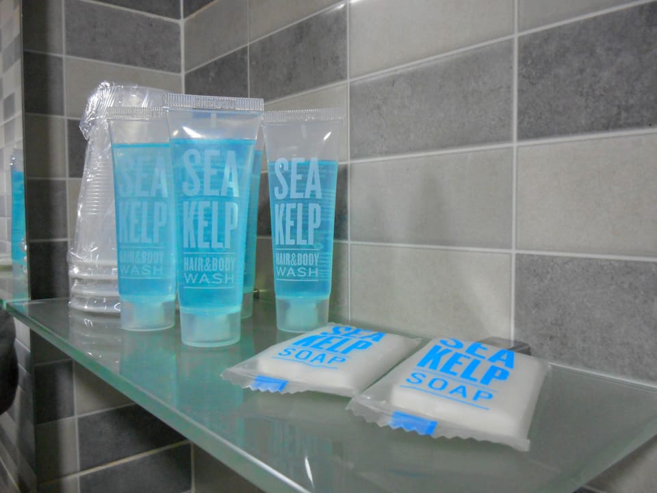 Designer toiletries, hair dryer, towels, soap