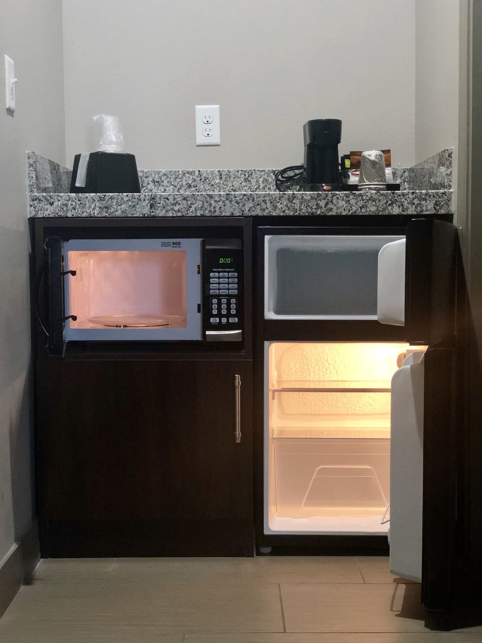 Fridge, microwave, coffee/tea maker