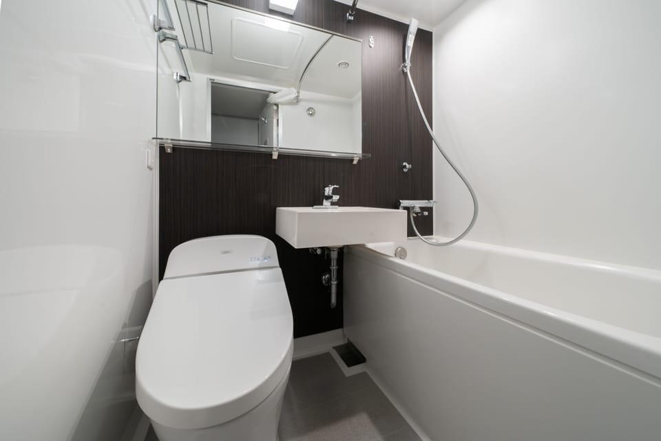 Combined shower/tub, free toiletries, hair dryer, slippers