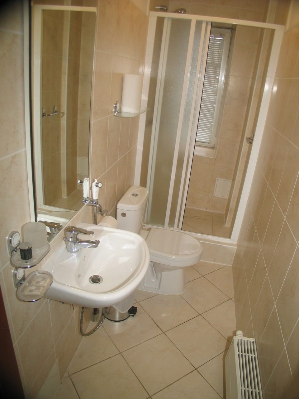 Shower, free toiletries, towels, soap