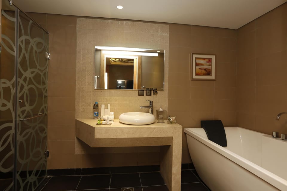 Shower, free toiletries, hair dryer, bathrobes