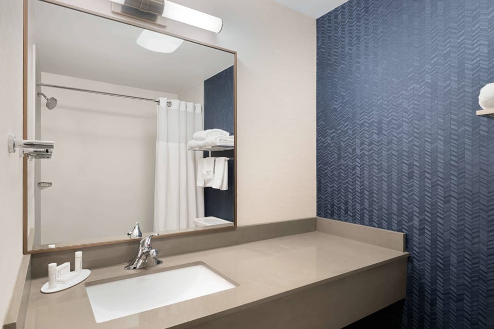 Combined shower/tub, free toiletries, hair dryer, towels