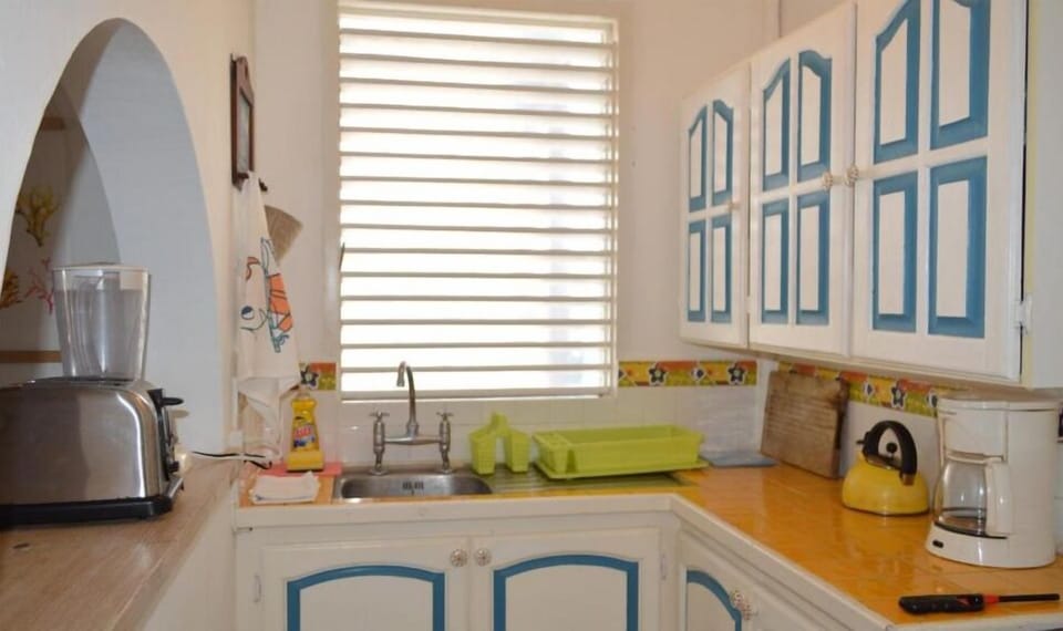 Full-size fridge, oven, stovetop, coffee/tea maker