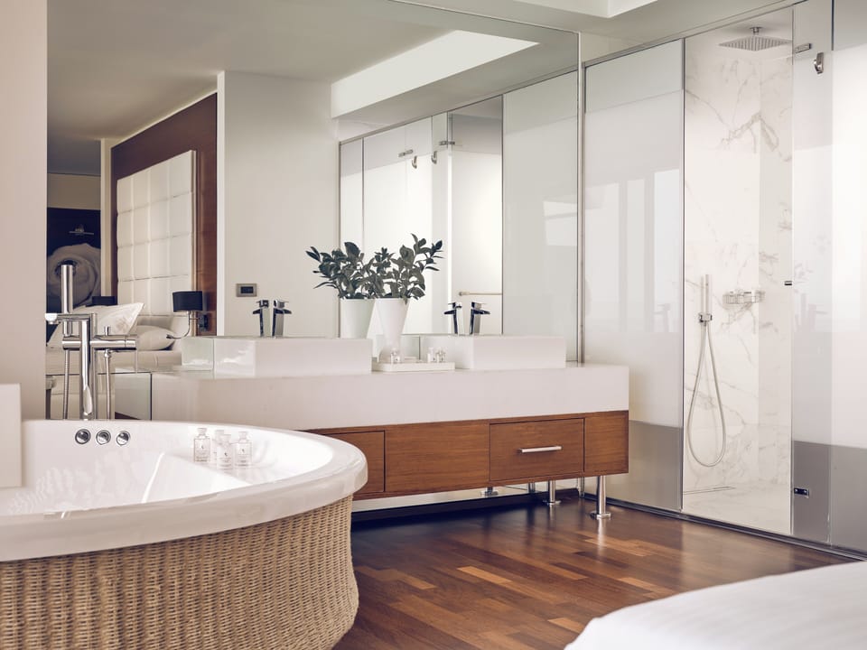 Royal Suite, Private Pool, Sea View | Bathroom | Separate tub and shower, designer toiletries, hair dryer, bathrobes