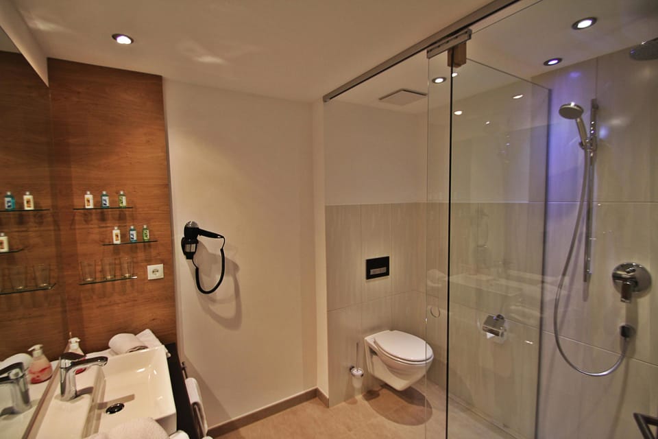 Shower, free toiletries, hair dryer, slippers