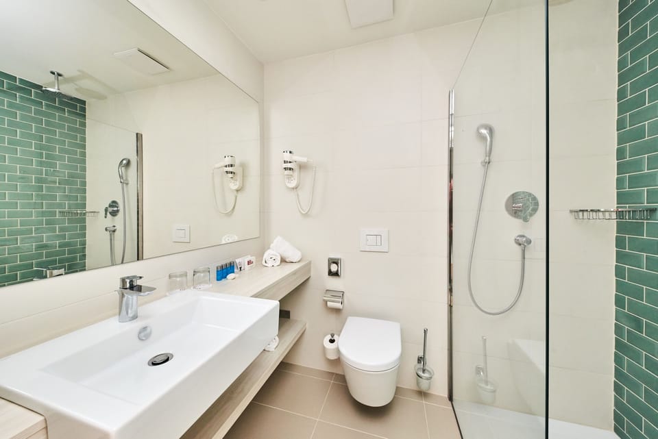 Shower, free toiletries, hair dryer, towels