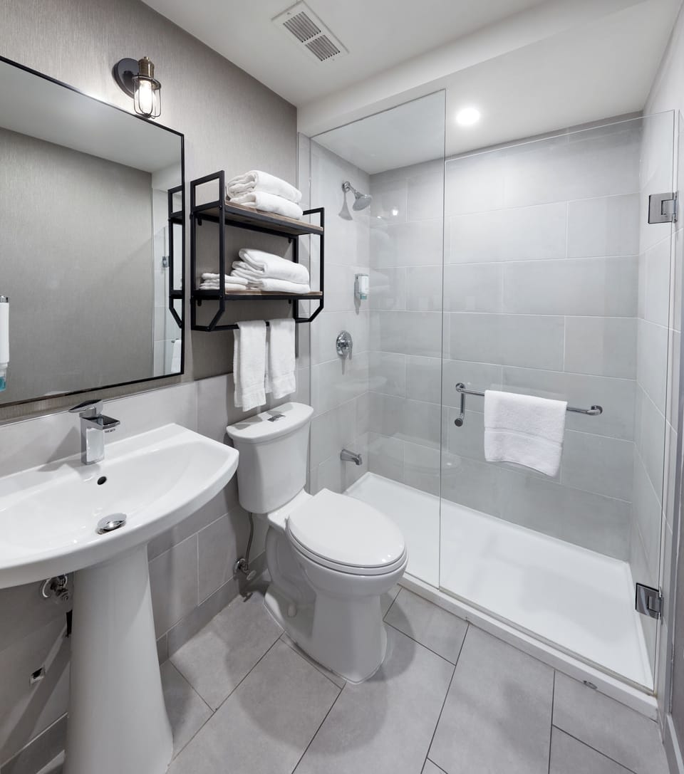 Combined shower/tub, free toiletries, hair dryer, towels