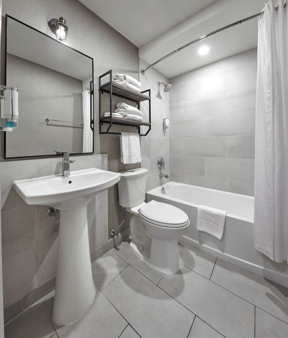 Room, 1 King Bed, Non Smoking | Bathroom | Combined shower/tub, free toiletries, hair dryer, towels