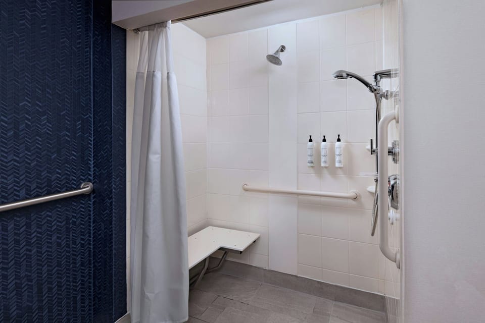 Combined shower/tub, free toiletries, hair dryer, towels