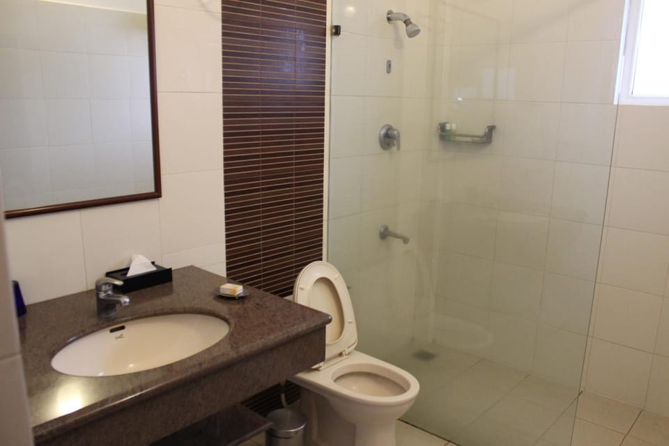 Combined shower/tub, rainfall showerhead, hair dryer, bathrobes