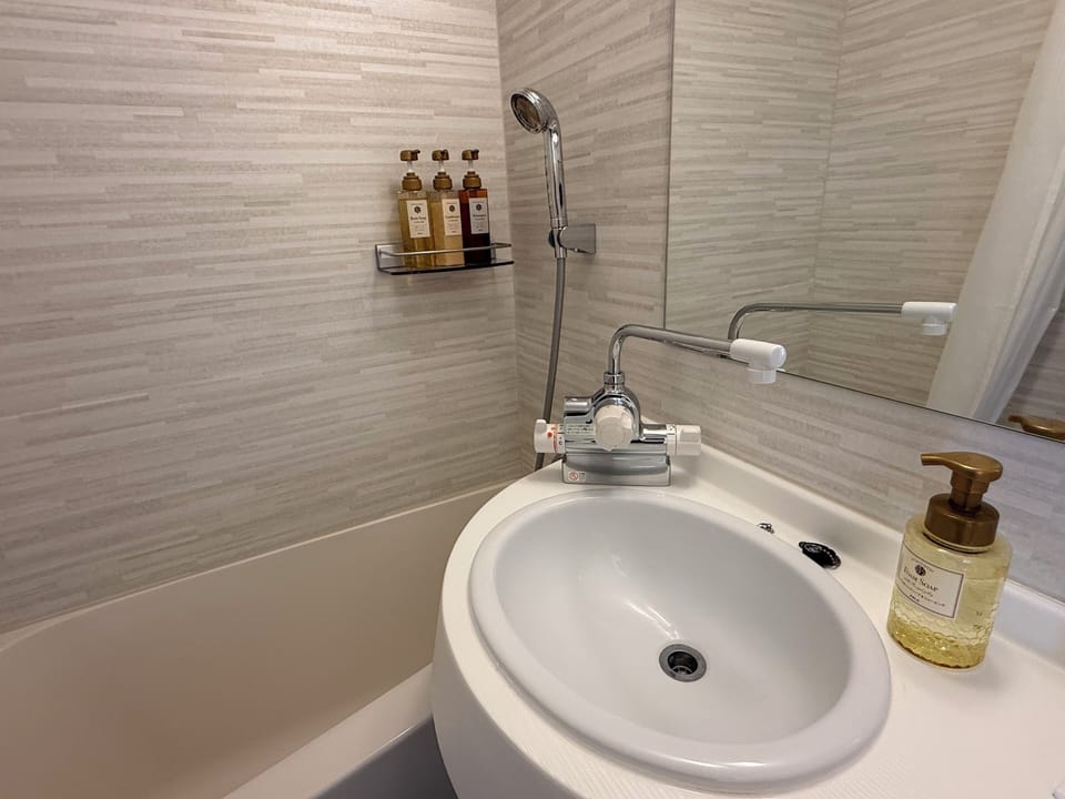 Combined shower/tub, deep soaking tub, hair dryer, slippers