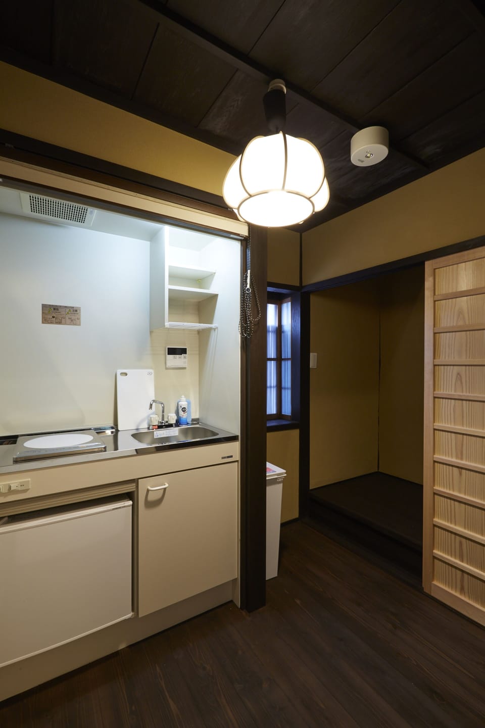 Japanese Style Townhouse | Private kitchen | Fridge, coffee/tea maker, electric kettle, cookware/dishes/utensils
