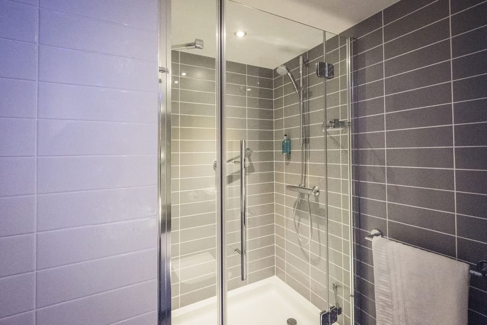 Shower, free toiletries, hair dryer, towels
