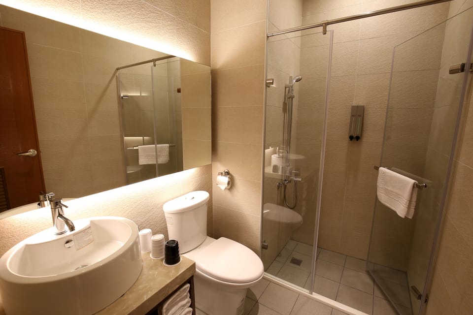 Shower, free toiletries, hair dryer, slippers