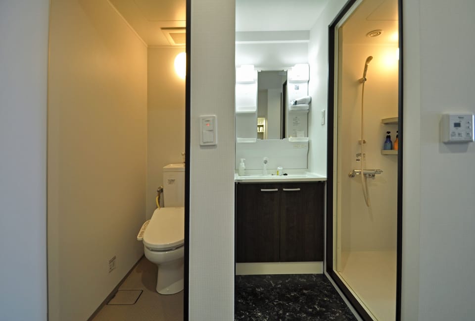 Shower, free toiletries, hair dryer, slippers