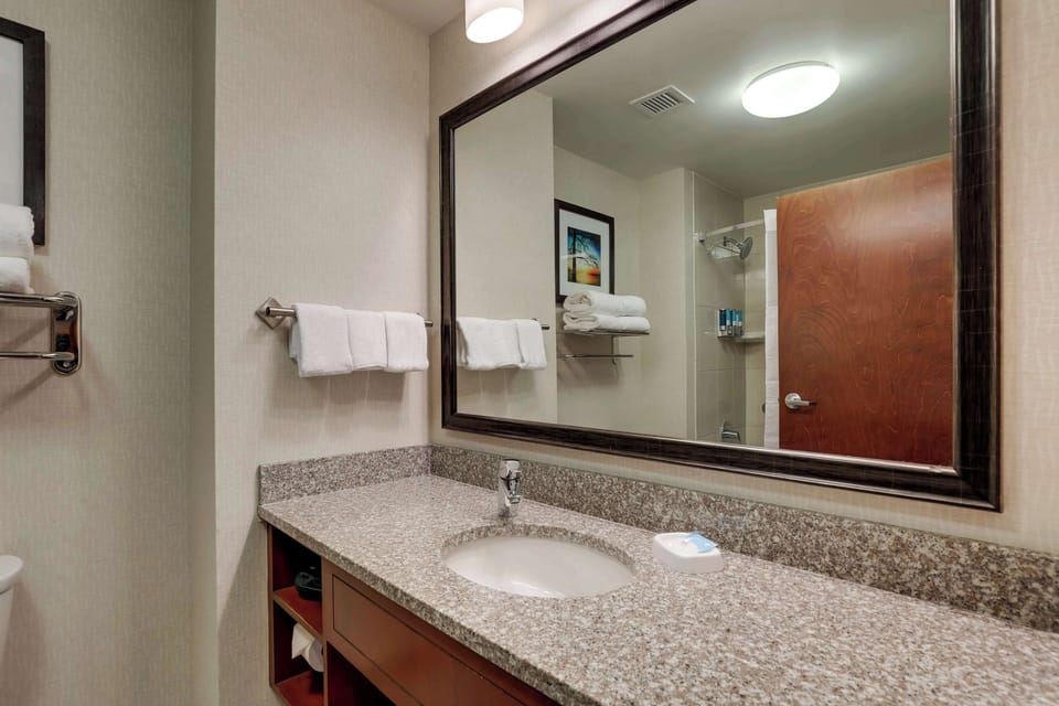 Combined shower/tub, free toiletries, hair dryer, towels