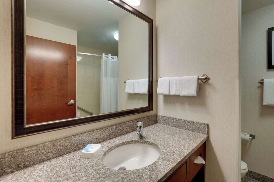 Combined shower/tub, free toiletries, hair dryer, towels