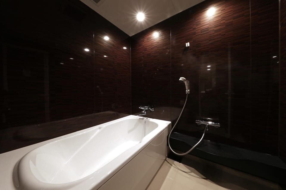 Separate tub and shower, jetted tub, free toiletries, hair dryer