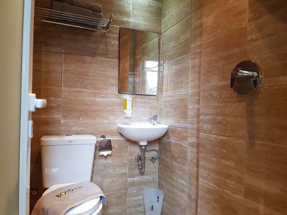 Shower, free toiletries, slippers, towels