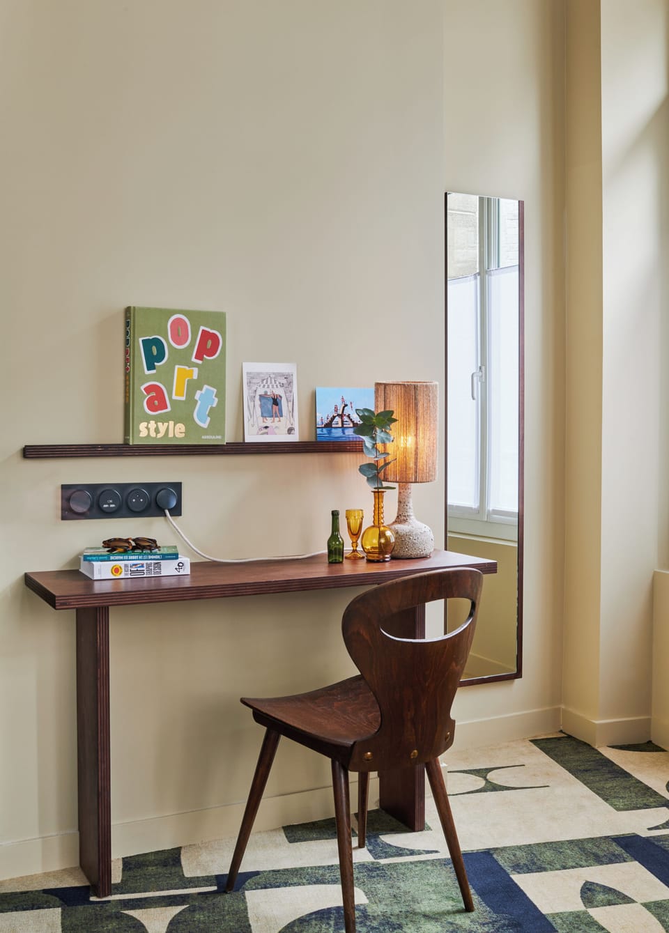 Premium bedding, desk, laptop workspace, blackout drapes