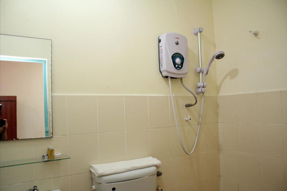 Shower, free toiletries, hair dryer, towels