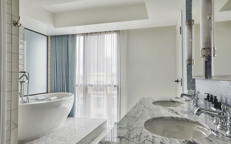 Rainfall showerhead, designer toiletries, hair dryer, bathrobes