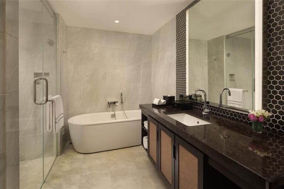 Deluxe Suite Garden View | Bathroom | Shower, rainfall showerhead, free toiletries, hair dryer