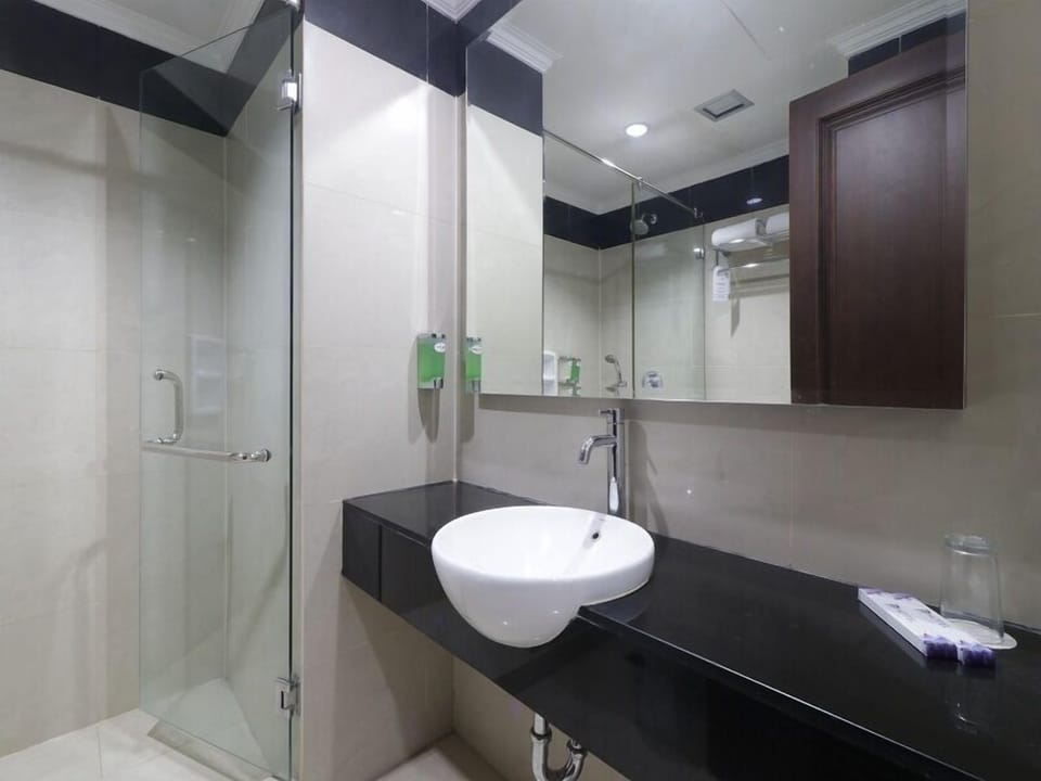 Shower, free toiletries, slippers, towels