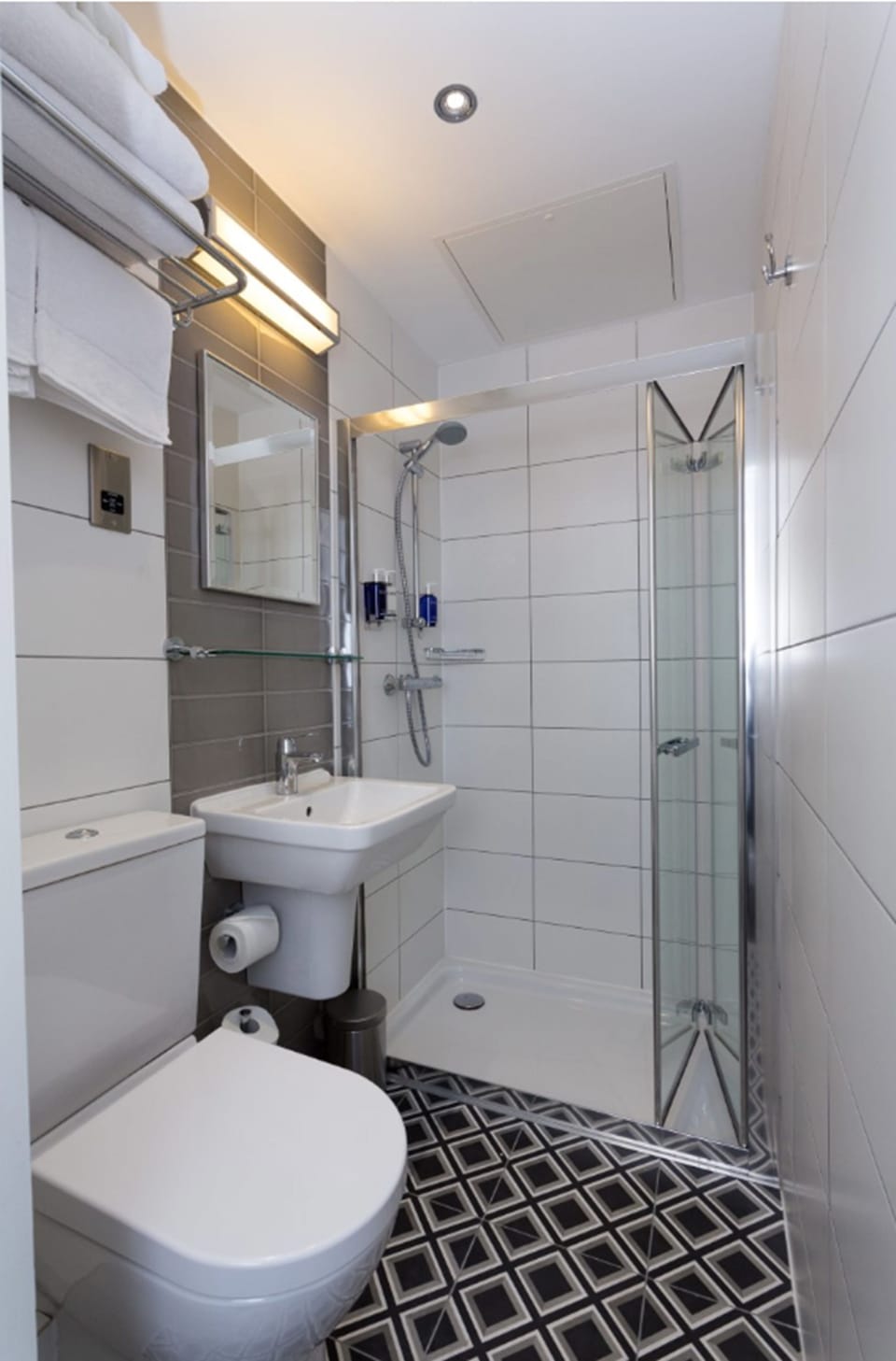 Shower, free toiletries, hair dryer, towels