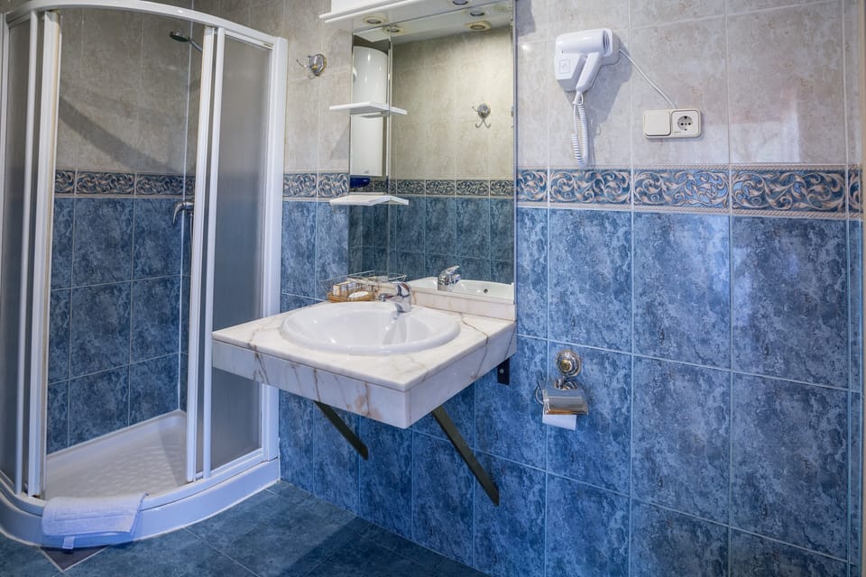 Shower, free toiletries, hair dryer, towels