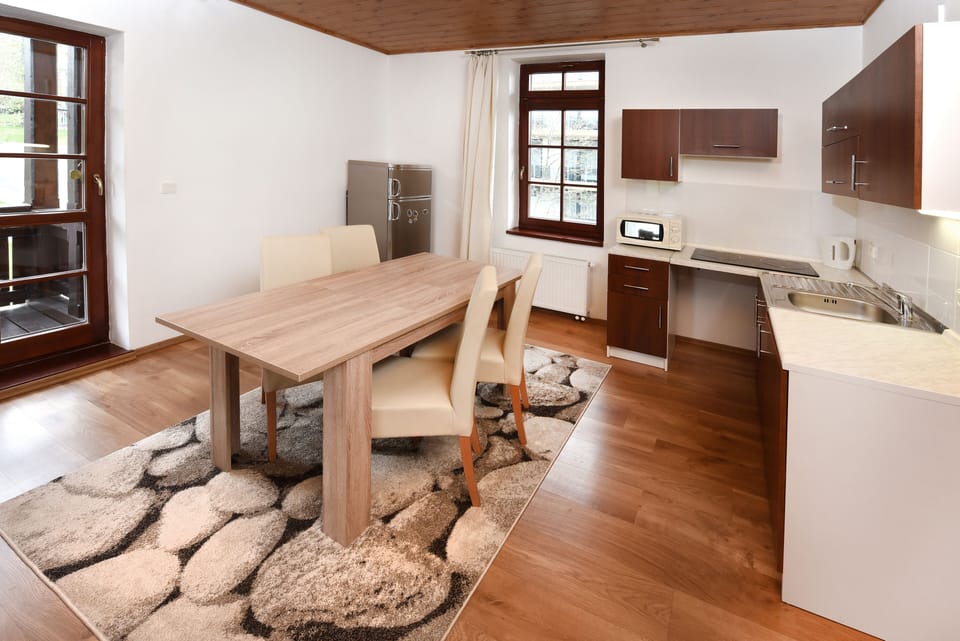 Family Apartment | Private kitchen | Fridge, electric kettle