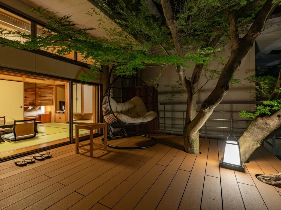 Renovated Japanese Western Special Room 1F with Inside bath, Foot bath, tree terrace,JPN Garden view | Terrace/patio
