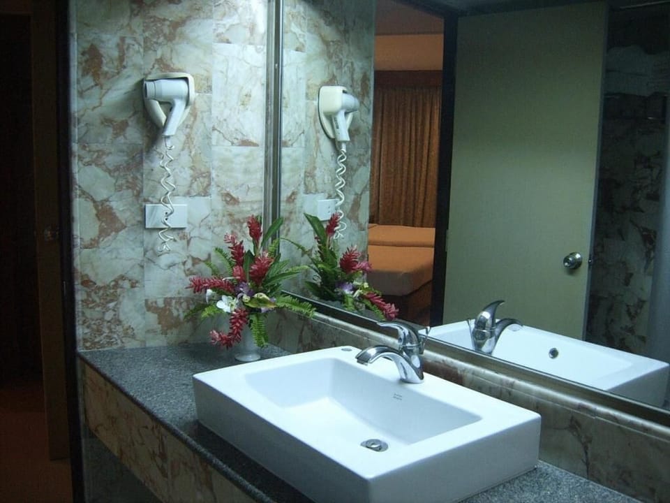 Combined shower/tub, free toiletries, hair dryer, towels