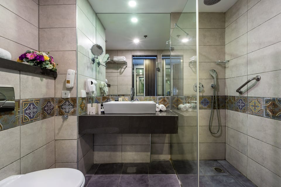 Shower, free toiletries, hair dryer, slippers
