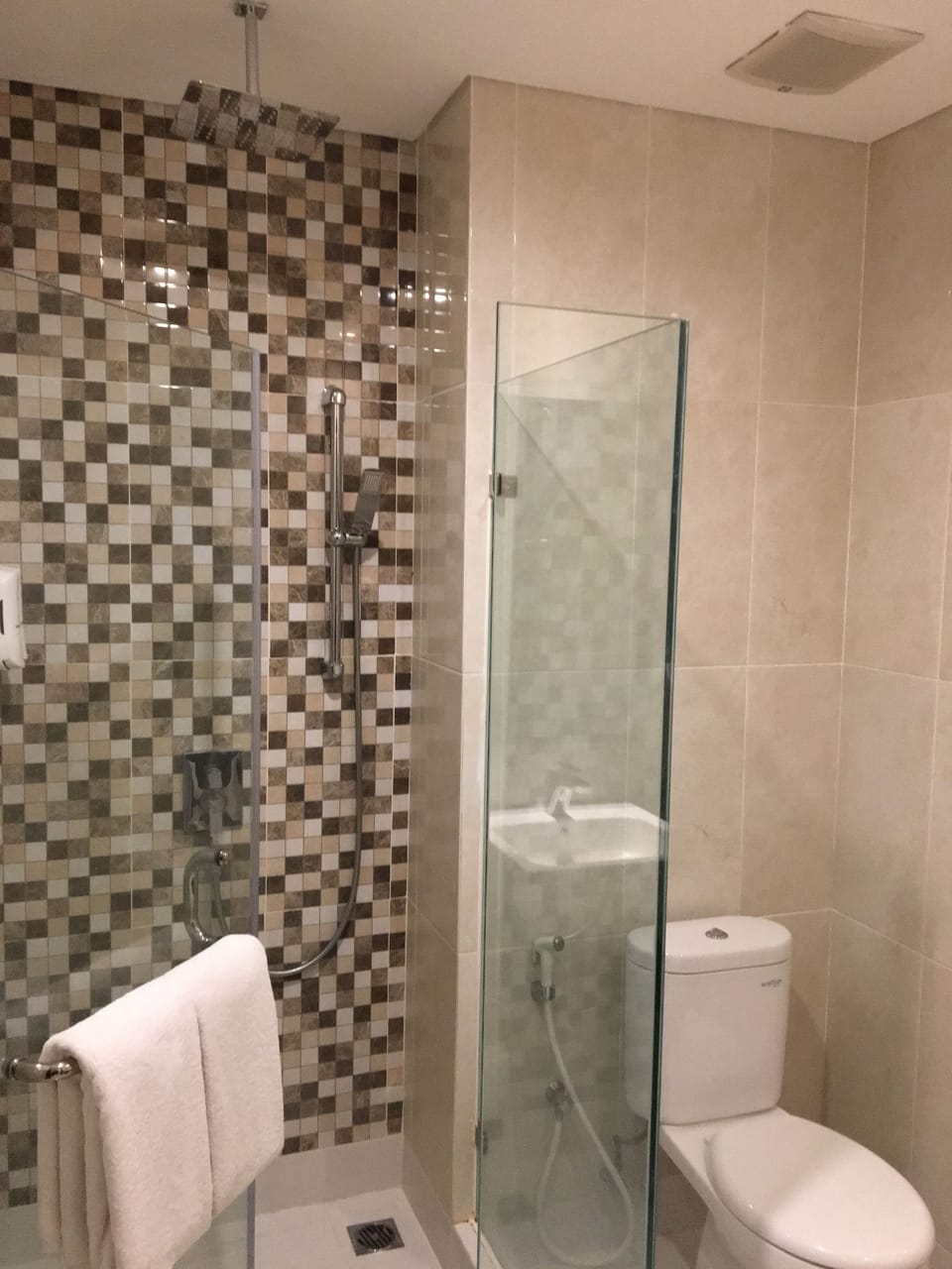 Shower, free toiletries, hair dryer, slippers
