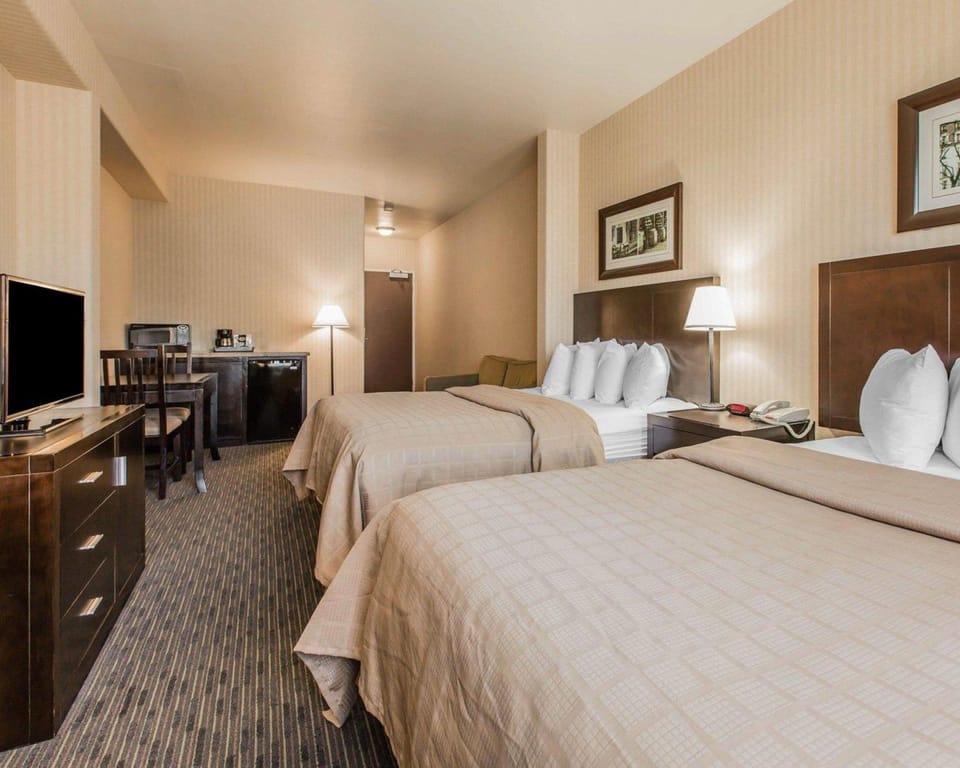 Hypo-allergenic bedding, desk, laptop workspace, blackout drapes