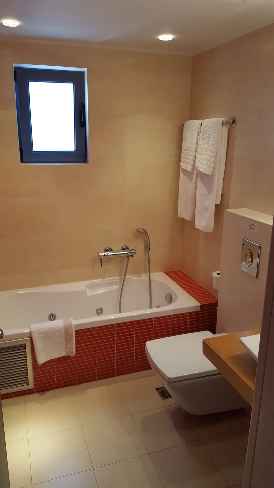 Combined shower/tub, free toiletries, hair dryer, towels