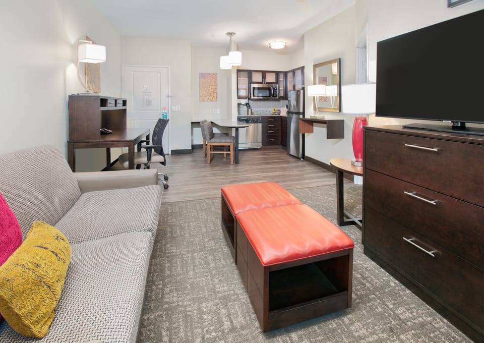 Premium bedding, pillowtop beds, desk, laptop workspace