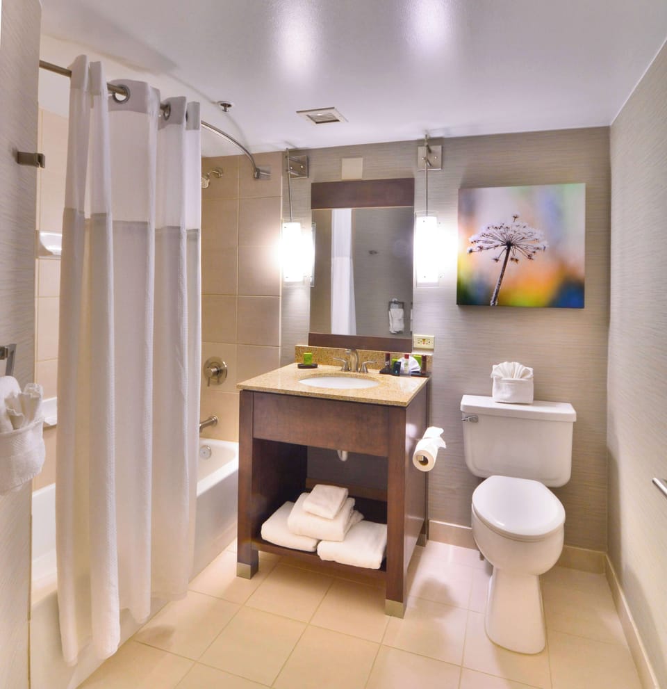 Suite, 1 King Bed, Corner | Bathroom | Combined shower/tub, designer toiletries, hair dryer, towels