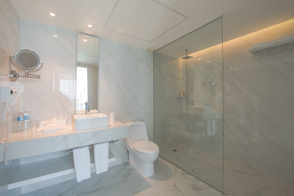 Shower, rainfall showerhead, free toiletries, hair dryer